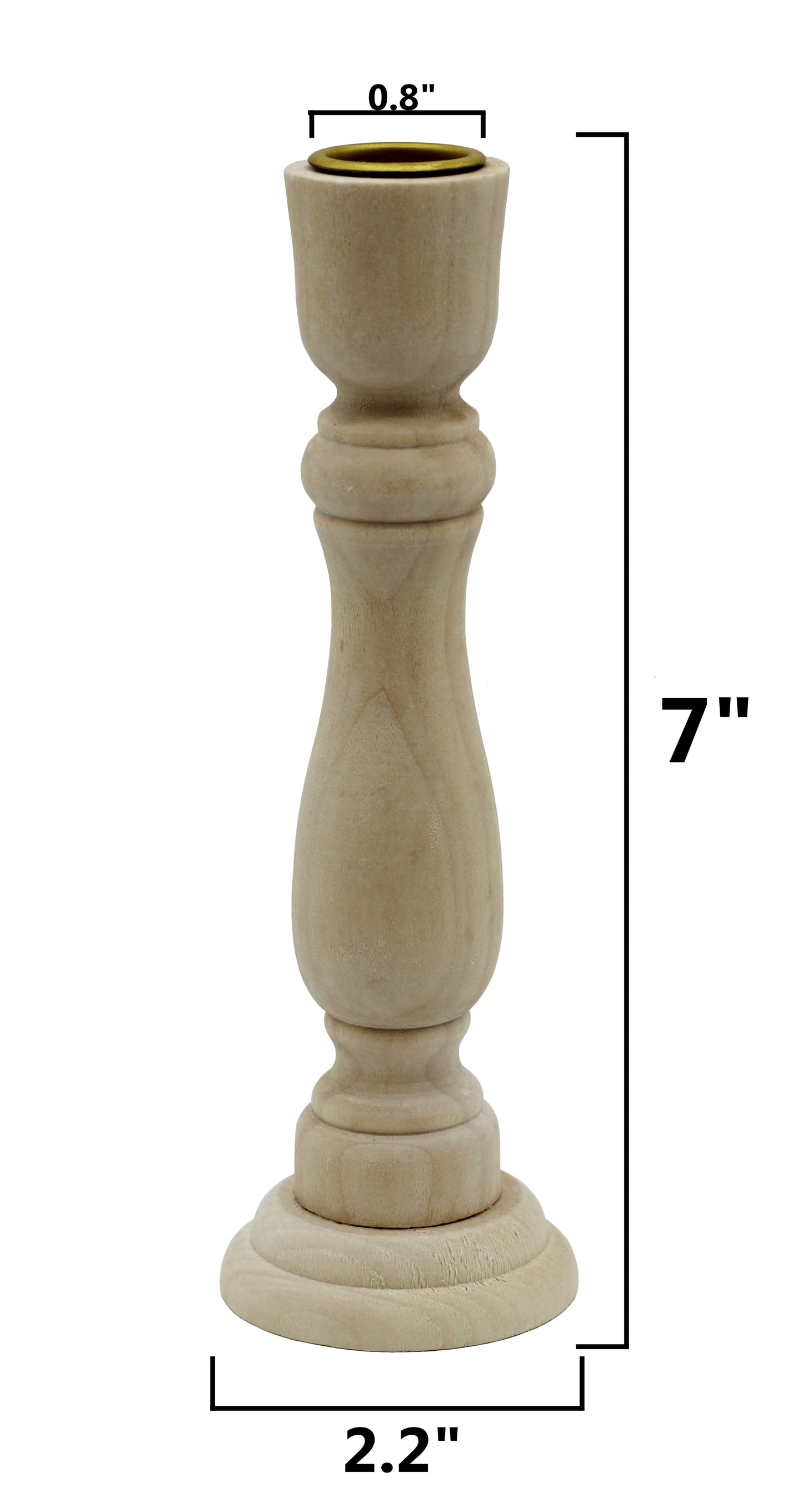 7 Inch Tall Unfinished Wooden Candlesticks with Metal Candle Holder Cup Center - side view
