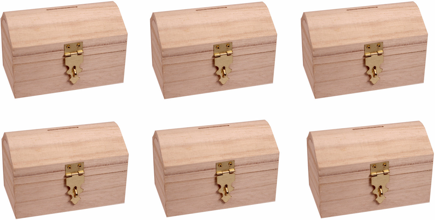 Pack of 6 Ready to Decorate Wood Treasure Chest Box Savings Bank with Coin - wooden, for diy