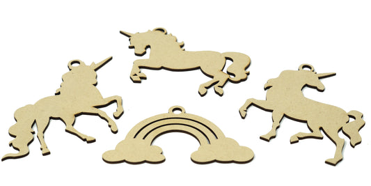 Unfinished Wooden Ornaments - Unicorns & Rainbow Shapes - 24-Pack Assorted - DIY - for craft