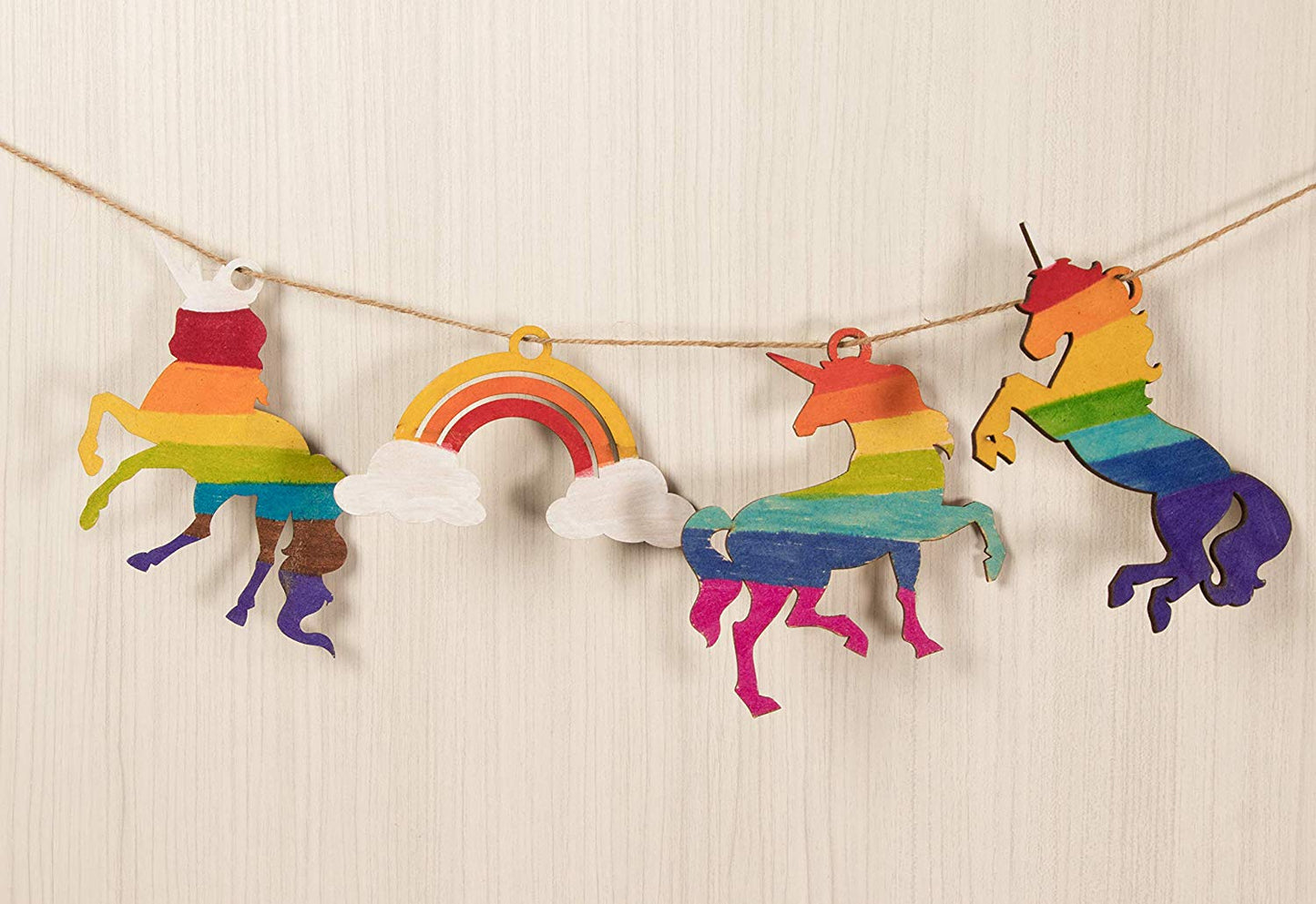 Unfinished Wooden Ornaments - Unicorns & Rainbow Shapes - 24-Pack Assorted - DIY - detail