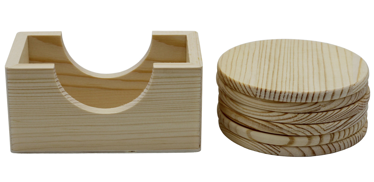 6 Pack of Unfinished Wood Coasters with Holder – 4 Inch Round Wooden Coaster - side view