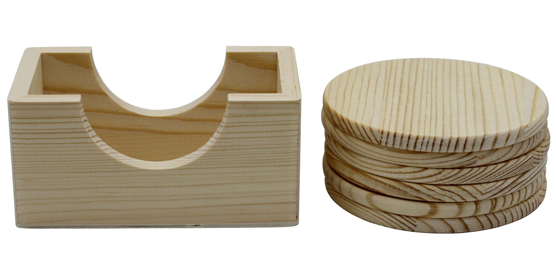 6 Pack of Unfinished Wood Coasters with Holder – 4 Inch Round Wooden Coaster - side view