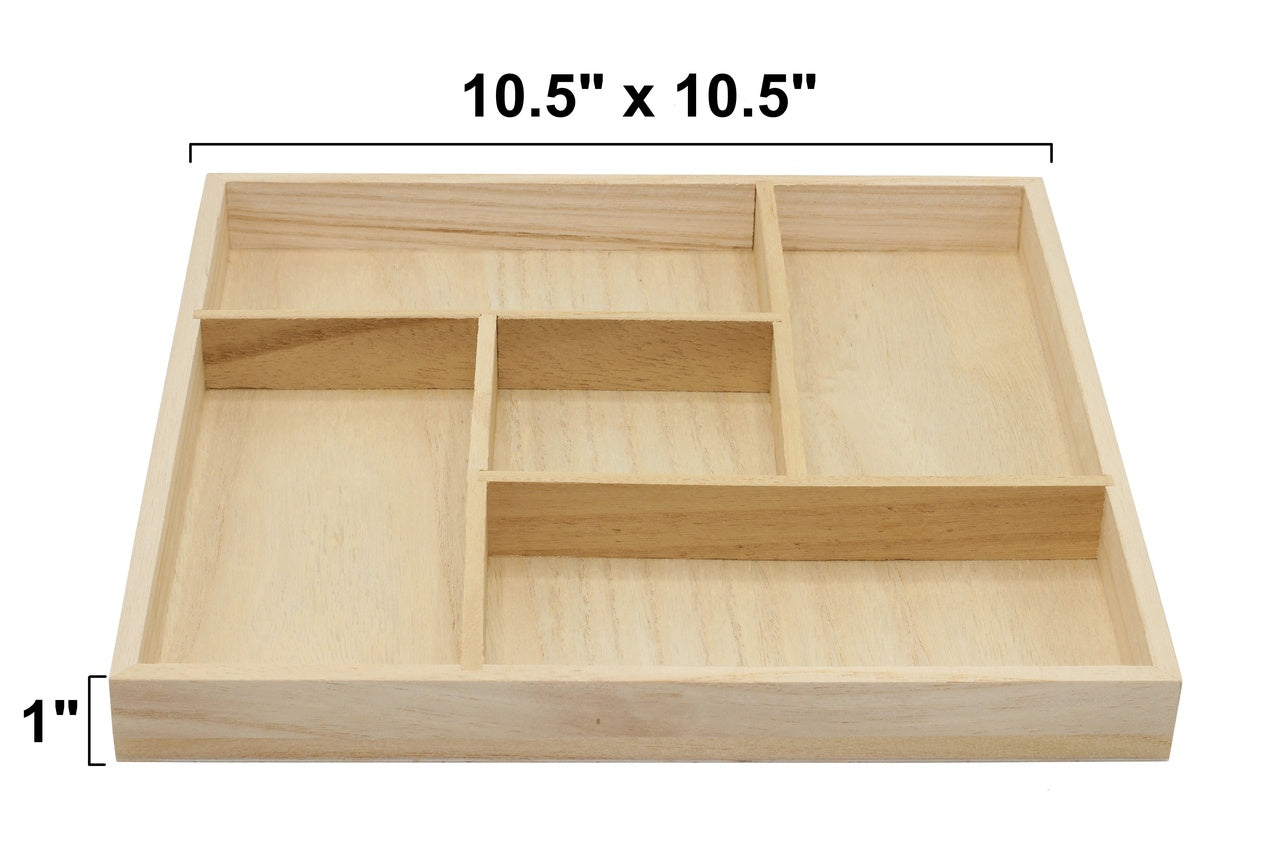 5 Section Wooden Trays – 10" × 10" Square Organizers with Compartments for - side view