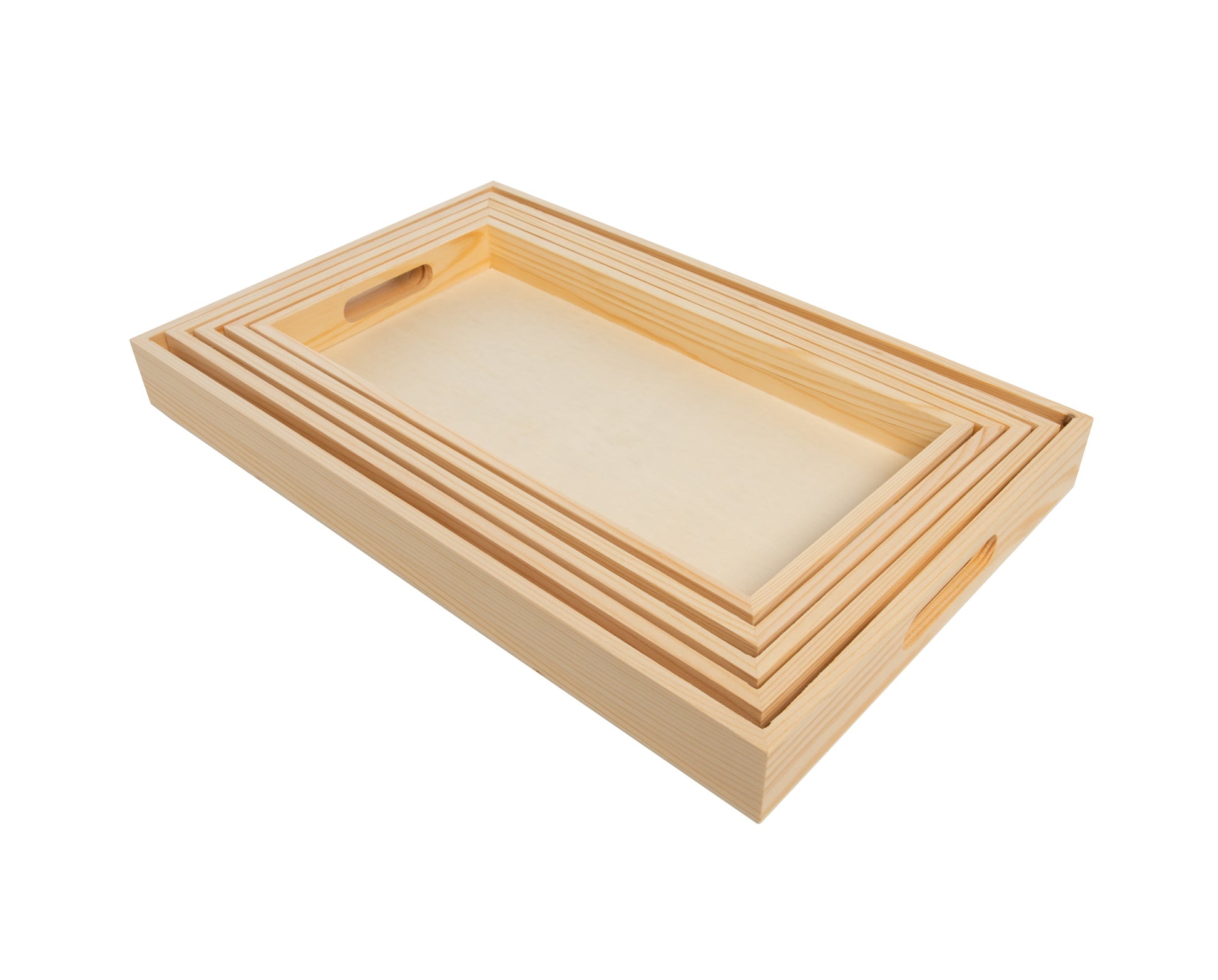 Wooden Nested Serving Trays - Set of 5 Unfinished Rectangle Trays with Cut-Out - side view