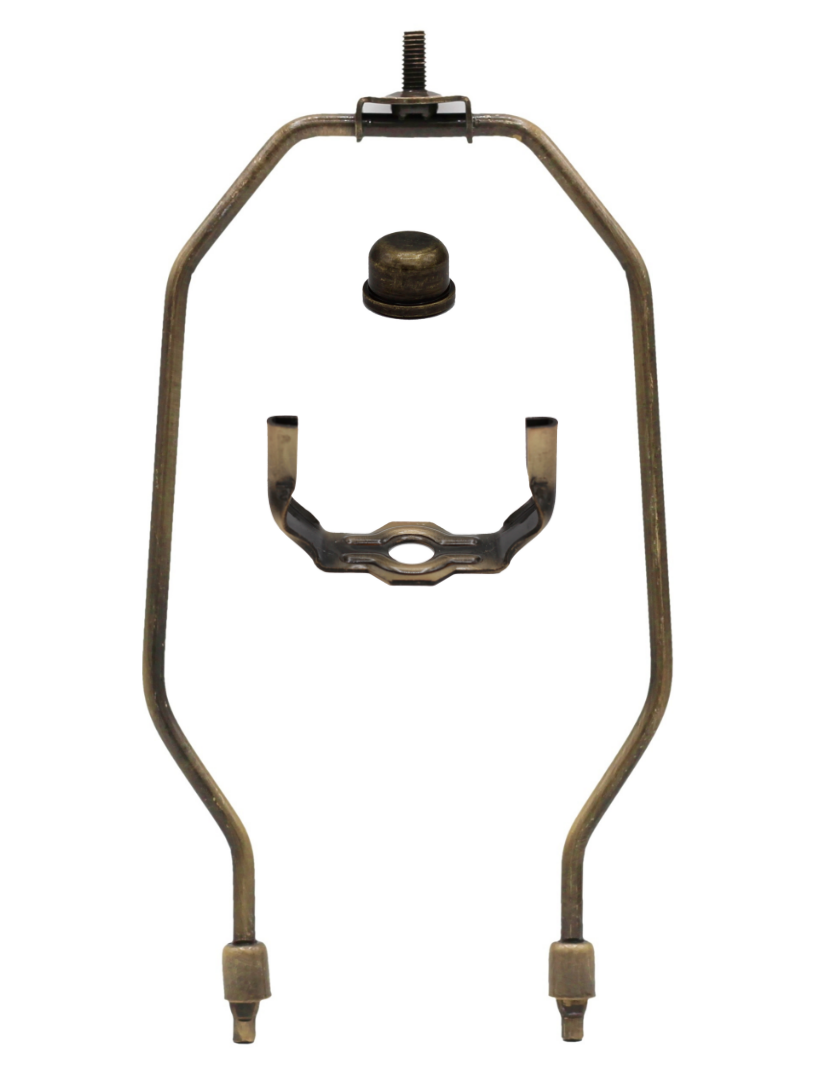 8 Inch Lamp Harp, Finial and Harp Base Set, Antique Brass Finish