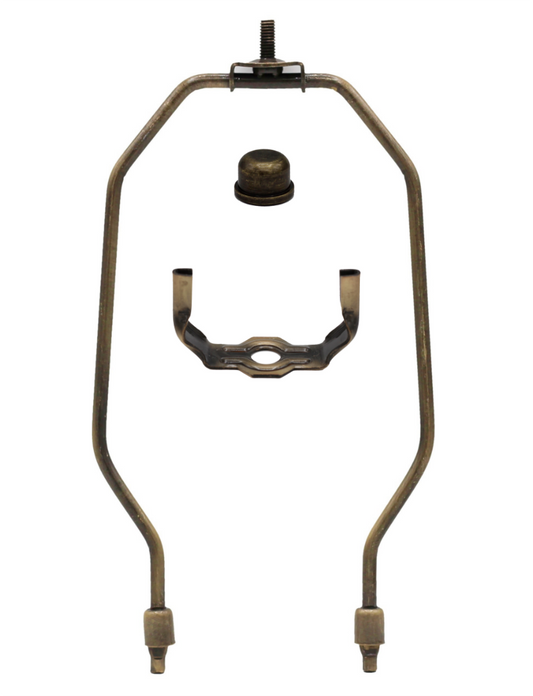8 Inch Lamp Harp, Finial and Harp Base Set, Antique Brass Finish