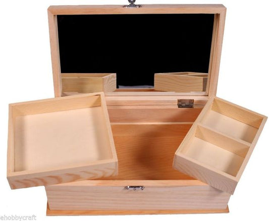 Wood Jewelry Box Clasp Close w/ Mirror & Removable Trays - Ready to Decorate! - metal, for craft