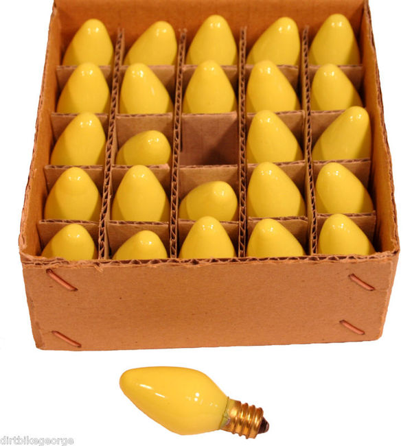 BOX OF 25 NIGHT LIGHT CANDLE LAMP BULBS -5 watt, C7, -OPAQUE YELLOW - detail
