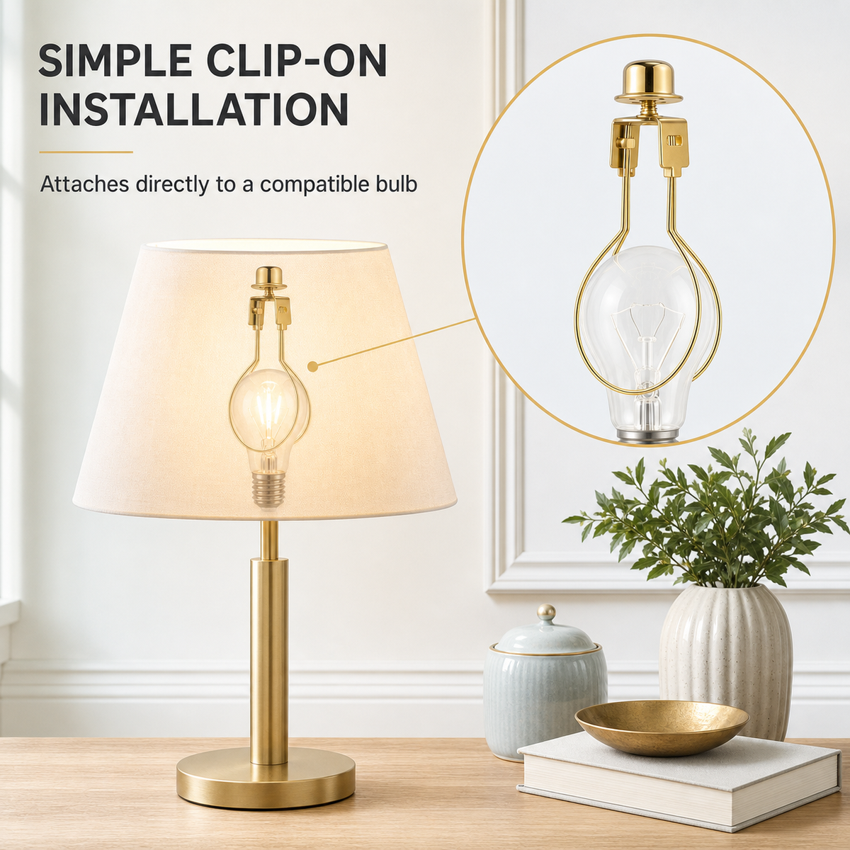 Lamp Shade Light Bulb Clip Adapter Clip on with Shade Attaching Finial Top, Gold Color - 4 pack