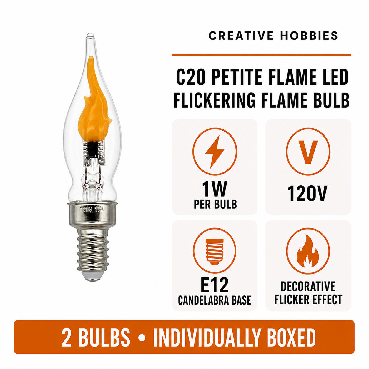 Creative Hobbies E12 LED Flicker Flame Bulbs, 1W, 2 Pack