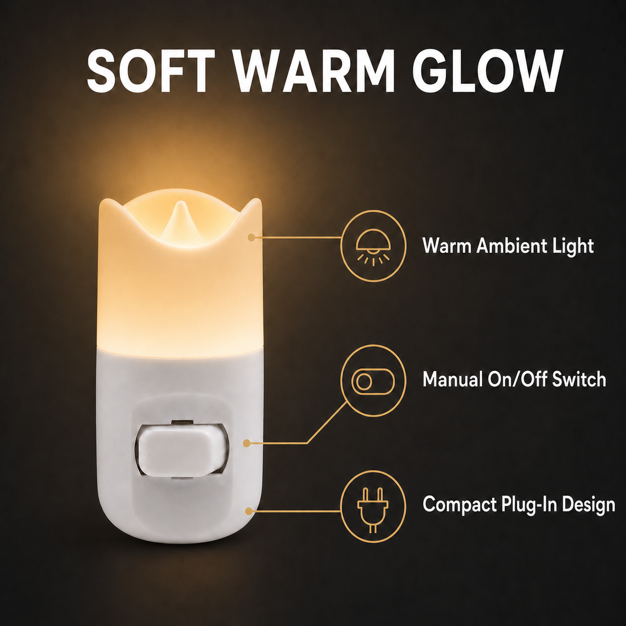 LED Candle Night Light, Orange Glow, White Body with On/Off Switch