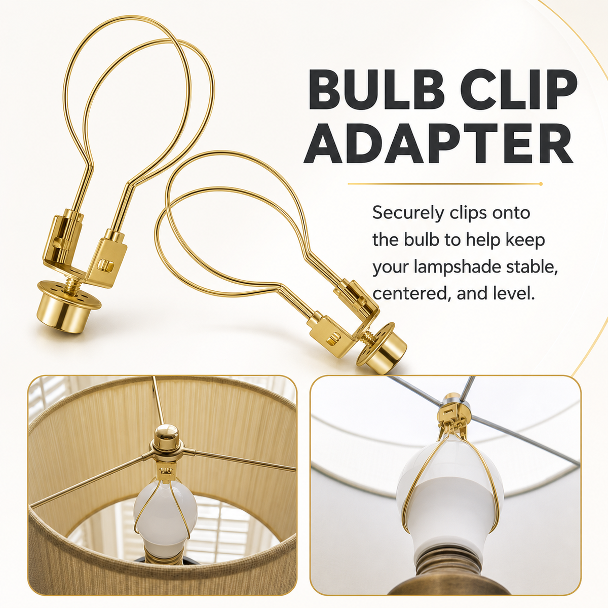 Lamp Shade Light Bulb Clip Adapter Clip on with Shade Attaching Finial Top, Gold Color - 4 pack
