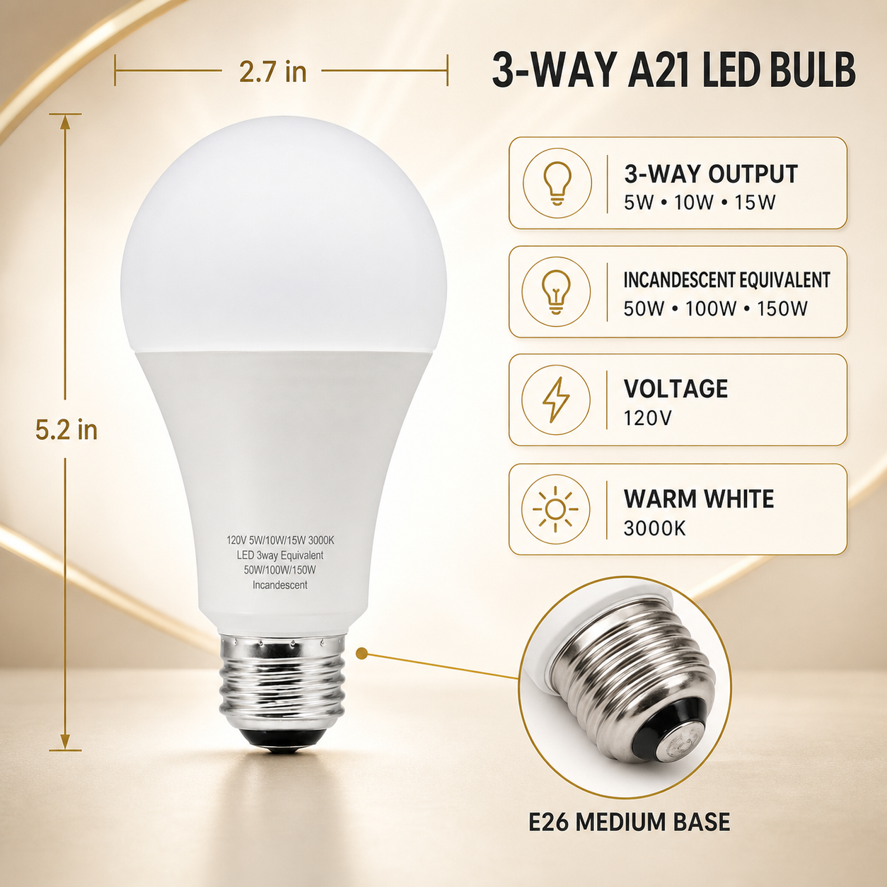 A21 3 Way LED Light Bulbs, 30/70/100W Equivalent - 2 Pack