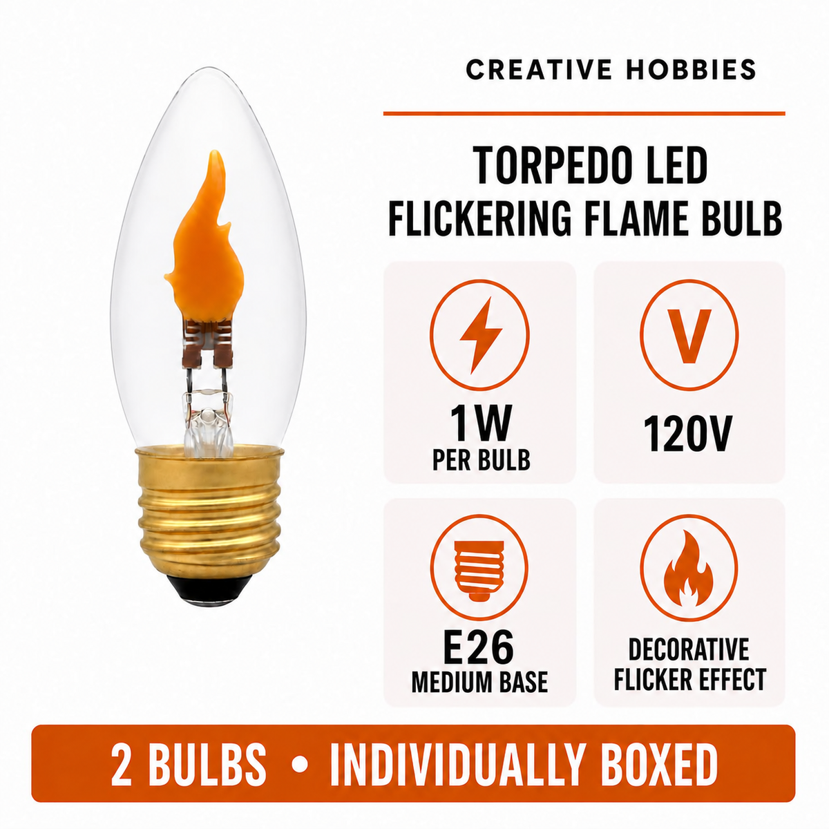 Creative Hobbies LED Flicker Bulbs, 1W E26 Medium Base, 2 Pack