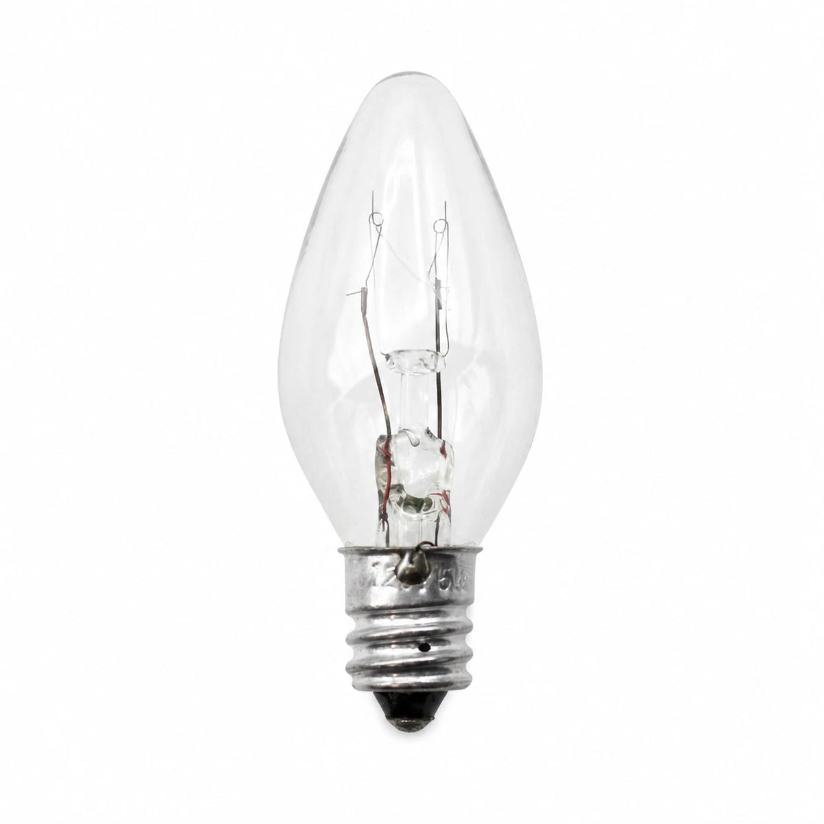 Close-up of a clear 3228BS C7 bulb with an E12 candelabra screw base