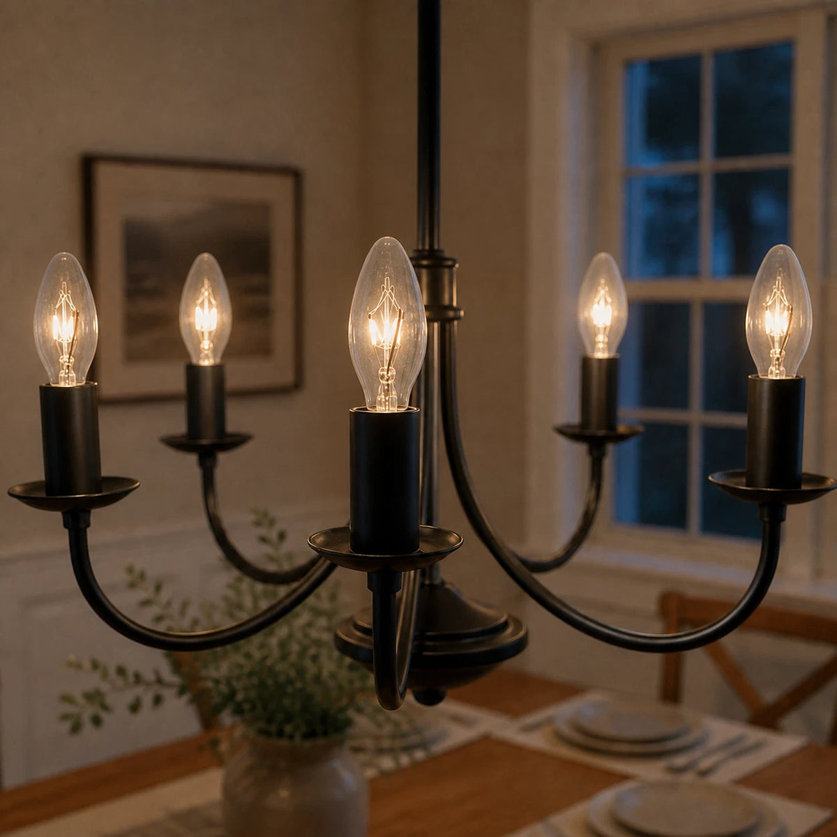 Clear bulbs shown in a decorative candle-style lamp