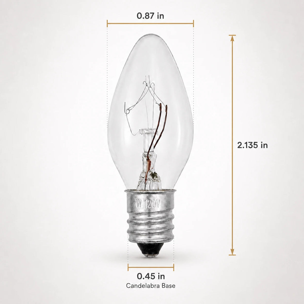 Clear C7 bulb dimensions showing 2.135 inch overall height and 0.87 inch width