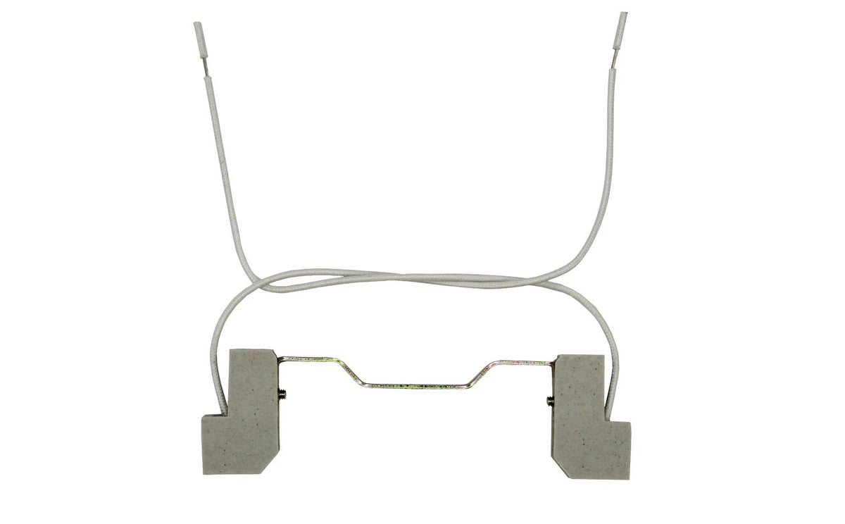 Single 118mm R7s halogen socket assembly showing porcelain sockets and two lead wires